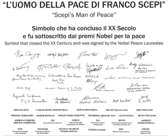Человек мира» “L’uomo della Pace” был вдохновлен Франко Скепи в 1977 году Carol Wojtyla, и позднее был подписан Михаилом Горбачевым и всеми лауреатами Нобелевской премии мира на планете.