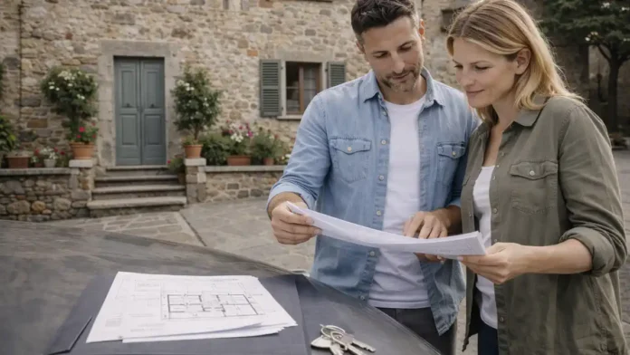 Дом за 1 евро в Италии: покупка и ремонт Ключи от старого каменного дома в итальянской деревне, рядом папка с документами и планом ремонта, атмосфера реальной Италии без туристической постановки