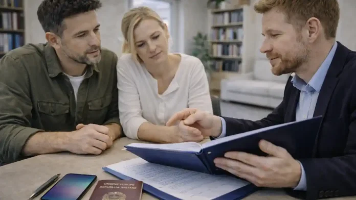 grazhdanstvo-italia-po-braku-2026 Итальянское гражданство по браку в 2026 Супружеская пара заполняет документы на гражданство, рядом паспорт и папка с бумагами, без читаемого текста, итальянская атмосфера