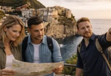 14 мест в Италии, которые стоит увидеть: Чинкве-Терре, Рим, Комо и не только Италия: Чинкве-Терре и Рим - идеи маршрута и лучшие места Панорамный вид на Чинкве-Терре на закате и путешественники с картой, атмосфера живого отпуска.