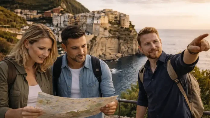 Италия: Чинкве-Терре и Рим - идеи маршрута и лучшие места Панорамный вид на Чинкве-Терре на закате и путешественники с картой, атмосфера живого отпуска.