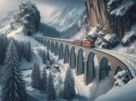 По мосту движется красный поезд, что контрастирует с белоснежным пейзажем. Поезд въезжает в туннель, пробитый в скалистой горной массе