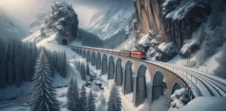 ТОП-10 Городов Италии для Путешествия на Поезде: Полное Руководство По мосту движется красный поезд, что контрастирует с белоснежным пейзажем. Поезд въезжает в туннель, пробитый в скалистой горной массе