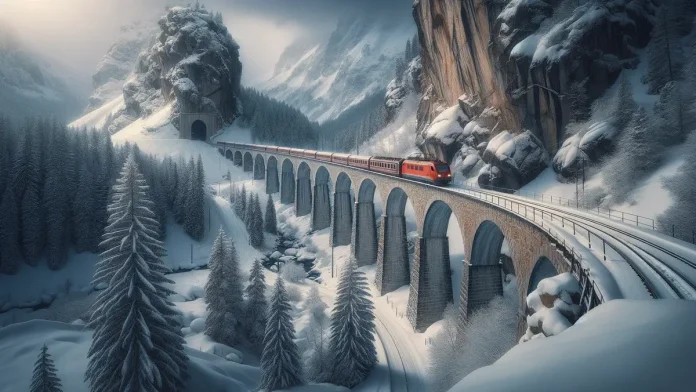 По мосту движется красный поезд, что контрастирует с белоснежным пейзажем. Поезд въезжает в туннель, пробитый в скалистой горной массе