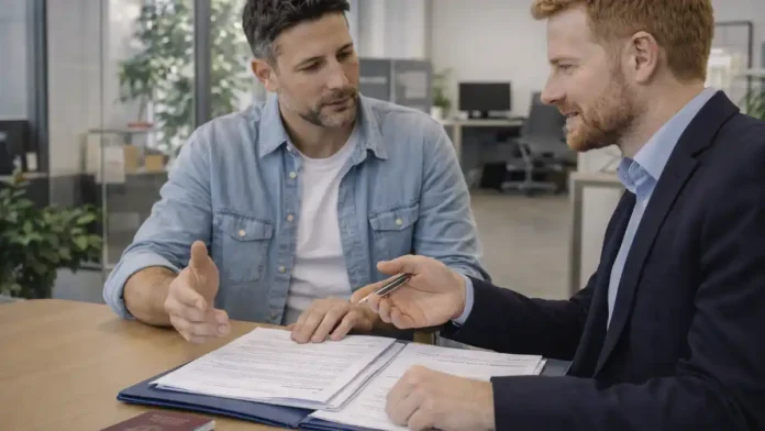 Туристическая виза в Италии и смена статуса на ВНЖ Путешественник с документами у стойки консультации, спокойная современная Италия