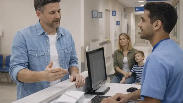 Иностранец без документов разговаривает с сотрудником регистратуры в итальянской поликлинике