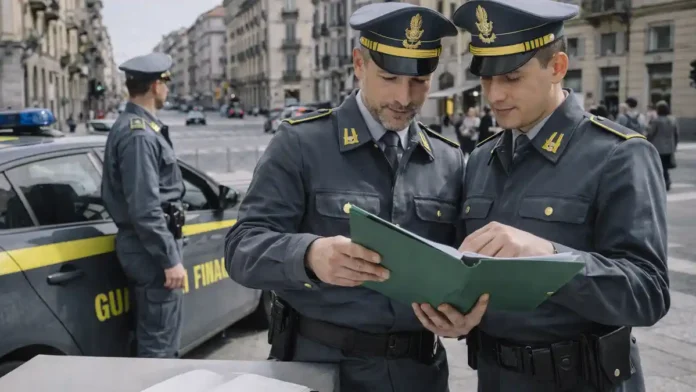 Патруль финансовой гвардии Италии в Турине во время операции против наркотрафика Офицеры финансовой гвардии Италии стоят возле служебного автомобиля на улице Турина, обсуждают документы и план операции против наркосети, на заднем плане типичная городская застройка.
