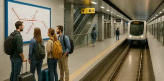 Путеводитель по метрополитену Турина для путешественников Метро Турина - поезд на современной станции с туристами на платформе