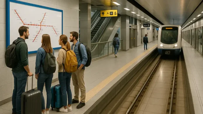 Метро Турина - поезд на современной станции с туристами на платформе