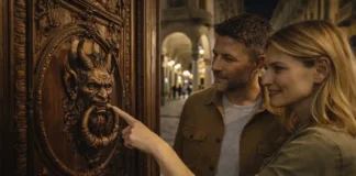 Ворота дьявола в магическом Турине: легенды, мистика и экскурсии Ночная подсветка дьявольской двери дворца в центре Турина Вечерний вид на фасад Palazzo Trucchi di Levaldigi в Турине, в центре кадра крупным планом дьявольская дверь с резьбой и медальоном, вокруг мягкая городская подсветка и размытые силуэты прохожих.