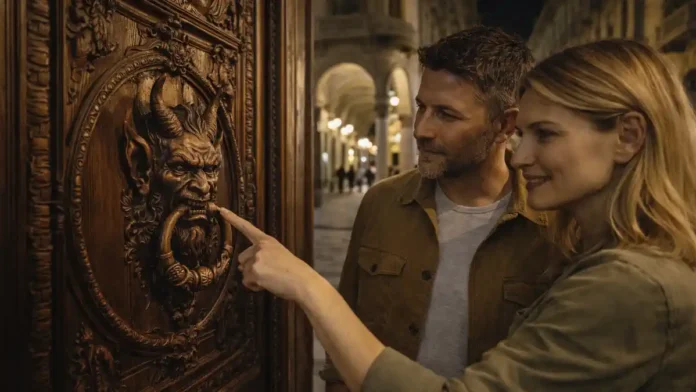 Ночная подсветка дьявольской двери дворца в центре Турина Вечерний вид на фасад Palazzo Trucchi di Levaldigi в Турине, в центре кадра крупным планом дьявольская дверь с резьбой и медальоном, вокруг мягкая городская подсветка и размытые силуэты прохожих.