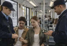 Трансгендерная карта GTT в Турине: tessera alias, что это и как её получить Контролёры GTT проверяют билеты в трамвае в Турине Современный трамвай GTT в Турине, контролёры проверяют проездные у пассажиров, спокойная рабочая атмосфера, дневной свет, акцент на работе городского транспорта