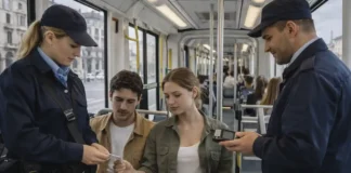 Трансгендерная карта GTT в Турине: tessera alias, что это и как её получить Контролёры GTT проверяют билеты в трамвае в Турине Современный трамвай GTT в Турине, контролёры проверяют проездные у пассажиров, спокойная рабочая атмосфера, дневной свет, акцент на работе городского транспорта