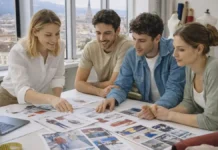 Европейский институт дизайна в Турине: как поступить и учиться дизайну в Италии Европейский институт дизайна в Турине аудитория и студенты за творческими проектами Современная аудитория Европейского института дизайна в Турине, студенты 20–30 лет работают над макетами одежды и графическими проектами, светлое помещение, большие окна, город Турин за окном.