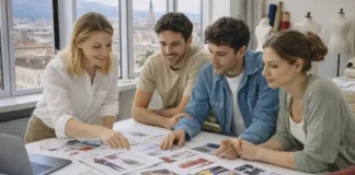 Европейский институт дизайна в Турине: как поступить и учиться дизайну в Италии Европейский институт дизайна в Турине аудитория и студенты за творческими проектами Современная аудитория Европейского института дизайна в Турине, студенты 20–30 лет работают над макетами одежды и графическими проектами, светлое помещение, большие окна, город Турин за окном.