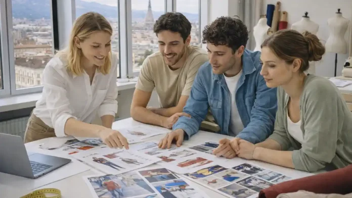 ied-turin-institut-dizajna Европейский институт дизайна в Турине аудитория и студенты за творческими проектами Современная аудитория Европейского института дизайна в Турине, студенты 20–30 лет работают над макетами одежды и графическими проектами, светлое помещение, большие окна, город Турин за окном.