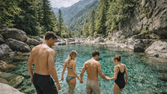 Купание в горах Пьемонта рядом с Турином: чистая вода и альпийские виды Летний день в горах Пьемонта, природная купель с прозрачной водой, камни и зелень, ощущение прохлады и отдыха