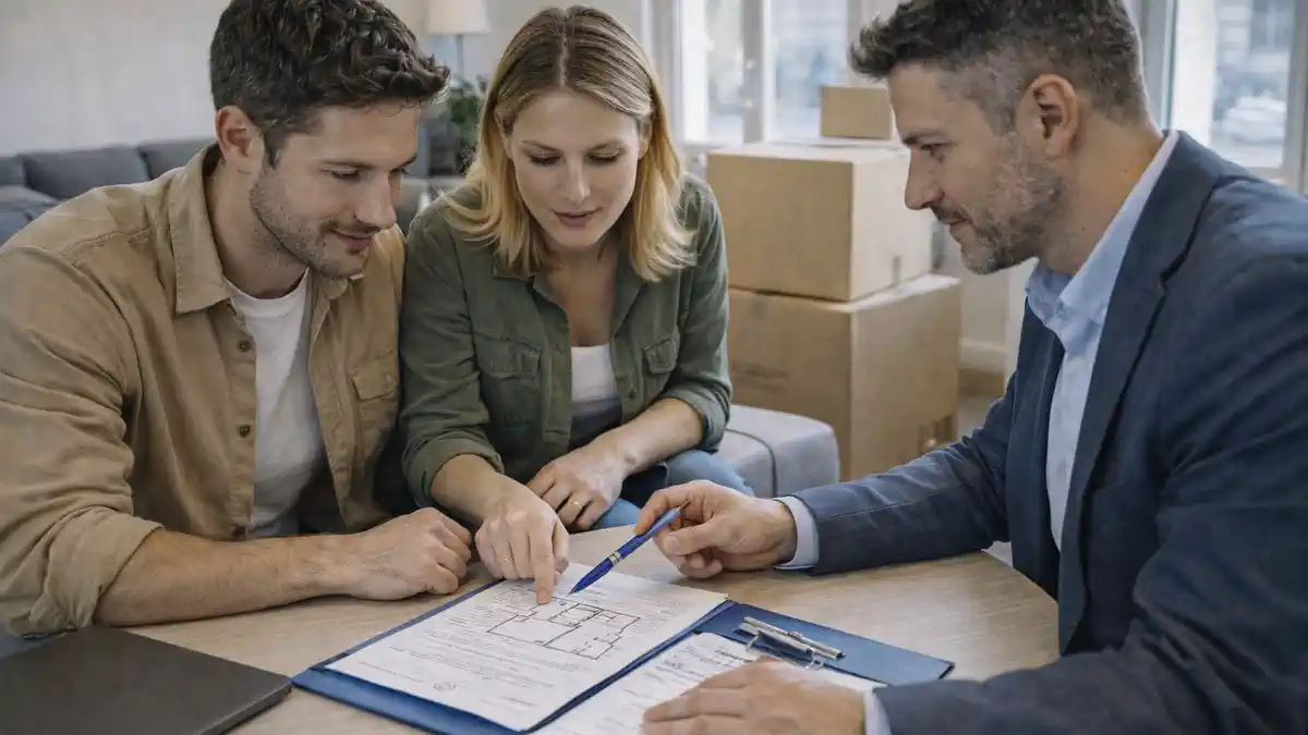 Молодая пара выбирает арендуемую квартиру в Турине Молодая пара 25-30 лет стоит в светлой арендной квартире в Турине среди коробок и мебели, обсуждает договор аренды с риелтором