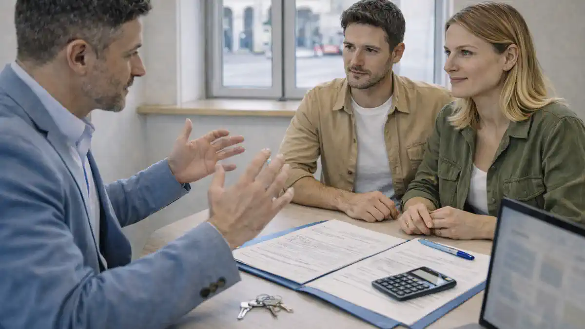 Аренда или покупка жилья в Италии Современная сцена консультации по жилью в Италии, акцент на выборе между арендой и покупкой, спокойная деловая атмосфера