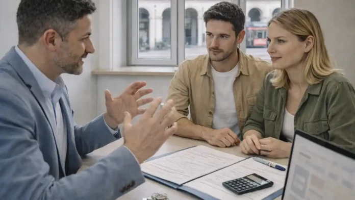 ipoteka-italia-mutuo-turin Ипотека в Италии 2026: ставки, surroga и покупка недвижимости в Турине Премиальная фотореалистичная сцена консультации по ипотеке и покупке квартиры в Италии, без текста и логотипов