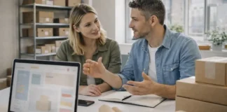 Электронная коммерция в Италии 2024-2026: как открыть интернет-магазин, выбрать маркетплейс и продвигаться в Турине Электронная коммерция в Италии: запуск интернет-магазина в Турине Сцена современного малого бизнеса в Турине: владелец и специалист обсуждают онлайн-магазин на ноутбуке