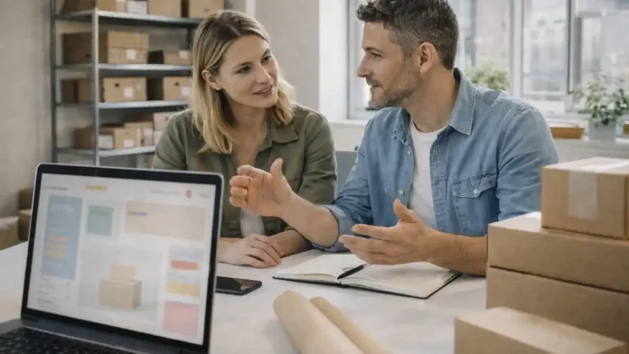 Электронная коммерция в Италии: запуск интернет-магазина в Турине Сцена современного малого бизнеса в Турине: владелец и специалист обсуждают онлайн-магазин на ноутбуке