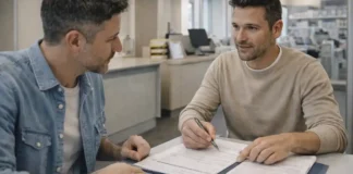 Загранпаспорт в Италии через Poste Italiane: как оформить и обновить в 2026 Итальянский загранпаспорт через Poste Italiane: пошаговая инструкция 2026 Сцена в итальянском почтовом отделении: человек подает документы на passaporto, сотрудник консультирует, на столе папка и нечитабельные бумаги, современная Италия