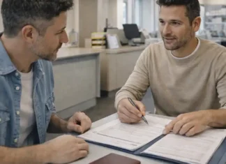 Загранпаспорт в Италии через Poste Italiane: как оформить и обновить в 2026 Итальянский загранпаспорт через Poste Italiane: пошаговая инструкция 2026 Сцена в итальянском почтовом отделении: человек подает документы на passaporto, сотрудник консультирует, на столе папка и нечитабельные бумаги, современная Италия