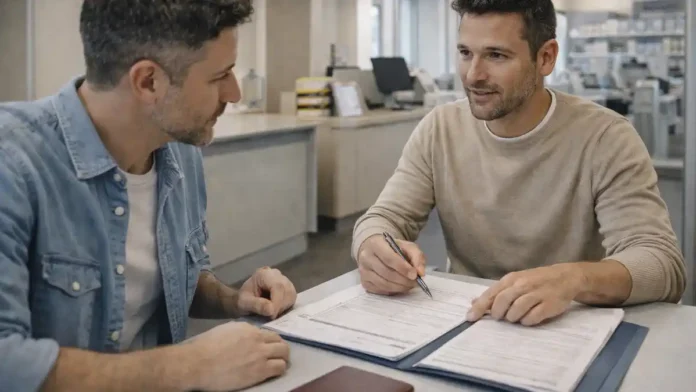 Итальянский загранпаспорт через Poste Italiane: пошаговая инструкция 2026 Сцена в итальянском почтовом отделении: человек подает документы на passaporto, сотрудник консультирует, на столе папка и нечитабельные бумаги, современная Италия