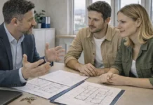 Проект Salva-casa в Италии 2026: как узаконить мелкие строительные нарушения Проект Salva-casa в Италии - как узаконить перепланировку в 2026 году Современный жилой дом в Италии, архитектор и семья смотрят на план квартиры за столом, обсуждая легализацию перепланировки, спокойная деловая атмосфера, дневной свет.