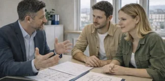 Проект Salva-casa в Италии 2026: как узаконить мелкие строительные нарушения Проект Salva-casa в Италии - как узаконить перепланировку в 2026 году Современный жилой дом в Италии, архитектор и семья смотрят на план квартиры за столом, обсуждая легализацию перепланировки, спокойная деловая атмосфера, дневной свет.