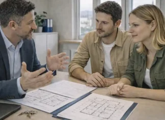 Проект Salva-casa в Италии 2026: как узаконить мелкие строительные нарушения Проект Salva-casa в Италии - как узаконить перепланировку в 2026 году Современный жилой дом в Италии, архитектор и семья смотрят на план квартиры за столом, обсуждая легализацию перепланировки, спокойная деловая атмосфера, дневной свет.