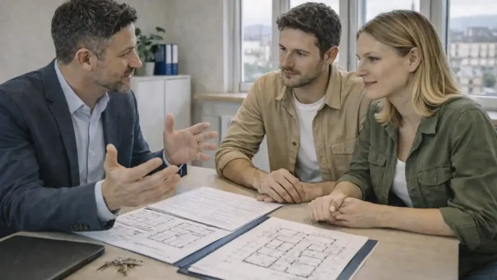 Проект Salva-casa в Италии - как узаконить перепланировку в 2026 году Современный жилой дом в Италии, архитектор и семья смотрят на план квартиры за столом, обсуждая легализацию перепланировки, спокойная деловая атмосфера, дневной свет.