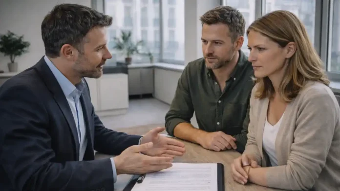 Алименты в Италии после развода - консультация по выплатам и документам современная сцена в Италии: специалист объясняет паре 30–45 лет порядок выплат после развода, на столе папка с документами