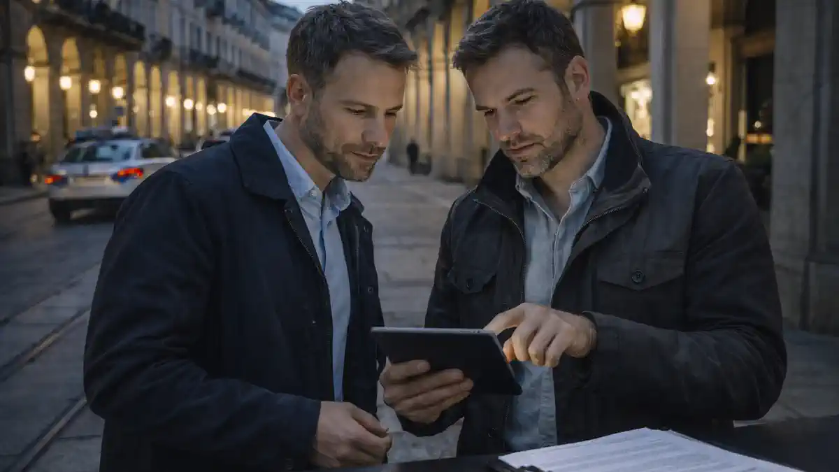 Ндрангета в Италии и расследование в Турине Ночной Турин, нейтральная сцена без насилия: силуэты следователей и городские огни, атмосфера расследования