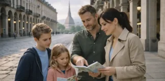 Турин с детьми: что посмотреть за 2-3 дня и на выходных Турин с детьми: маршрут на 2-3 дня и идеи на выходные Семья гуляет по центру Турина, легкая атмосфера выходного дня, городские аркады и уютные улицы, без толпы