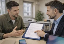 Италия обновляет закон об иммиграции: борьба с мошенничеством вокруг Decreto Flussi Италия меняет закон об иммиграции и усиливает контроль по Decreto Flussi Современная Италия, кабинет госслужбы или юридический офис, обсуждение иммиграционных правил и квот, без текста и логотипов.