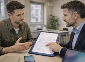 Италия обновляет закон об иммиграции: борьба с мошенничеством вокруг Decreto Flussi Италия меняет закон об иммиграции и усиливает контроль по Decreto Flussi Современная Италия, кабинет госслужбы или юридический офис, обсуждение иммиграционных правил и квот, без текста и логотипов.