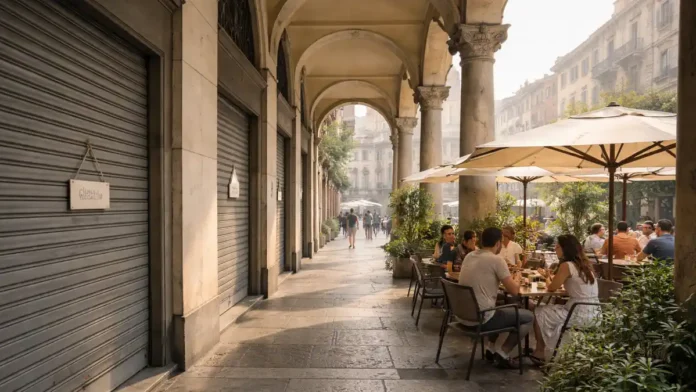 Август в Турине: закрытые витрины магазинов и открытая летняя терраса ресторана Улица Турина в августе днем: часть витрин закрыта на отпуск, рядом открытая терраса ресторана с посетителями, летняя городская атмосфера