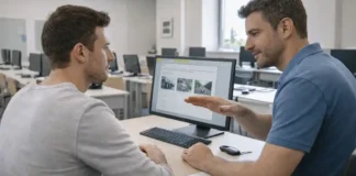 Теоретический экзамен на права в Италии: как проходит, что взять с собой и как сдать с первого раза Теоретический экзамен на права в Италии - подготовка и проверка в экзаменационном центре Спокойная сцена в современном экзаменационном центре в Италии: кандидат готовится к компьютерному тесту, на столе только разрешённые предметы, рядом инструктор объясняет правила