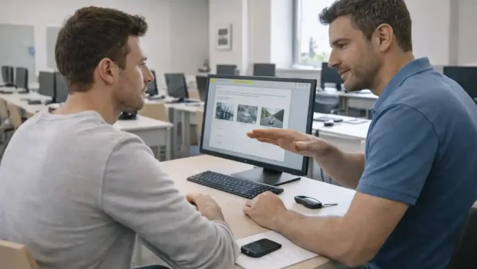 ekzamen-na-prava-italia-transport-turin Теоретический экзамен на права в Италии - подготовка и проверка в экзаменационном центре Спокойная сцена в современном экзаменационном центре в Италии: кандидат готовится к компьютерному тесту, на столе только разрешённые предметы, рядом инструктор объясняет правила