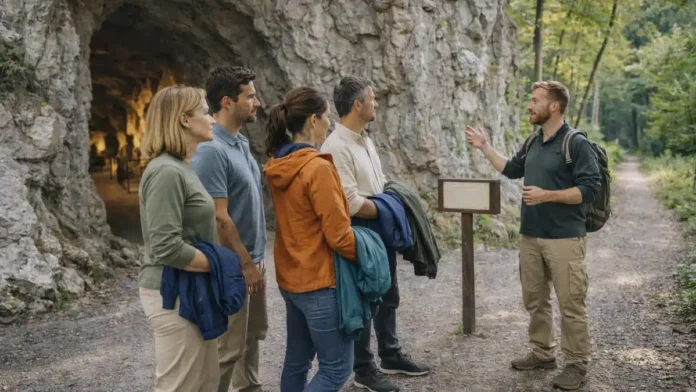 grotte-caudano-piemonte-turin Гроты Каудано в Пьемонте - подземная экскурсия рядом с Турином Подсвеченный зал пещеры со сталактитами и безопасной тропой, ощущение глубины