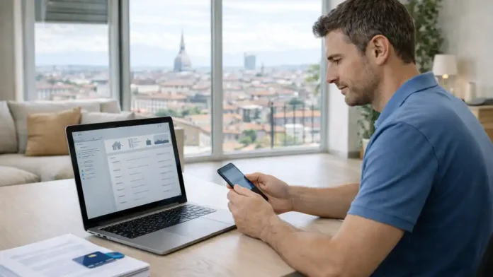 kak-poluchit-posobie-po-bezrabotitse-v-italii Пособие NASpI в Италии: как подать заявление и получить выплаты Человек с документами и телефоном проверяет статус заявления на пособие, рядом ноутбук