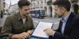 Низкооплачиваемая работа в Пьемонте летом: 500 евро за полный день и «договоры» в переписке Низкооплачиваемая работа в Пьемонте летом Сцена собеседования в кафе или сервисной сфере в Италии, спокойная атмосфера, документы без читаемых данных, акцент на теме оплаты и условий.