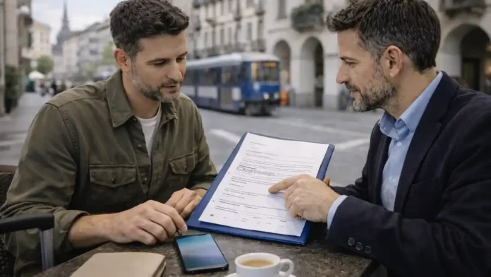 nizkooplachivaemaja-rabota-pemont-letom Низкооплачиваемая работа в Пьемонте летом Сцена собеседования в кафе или сервисной сфере в Италии, спокойная атмосфера, документы без читаемых данных, акцент на теме оплаты и условий.