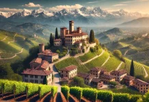 Пьемонт: путеводитель по региону Италии для жизни, отдыха и инвестиций Величественный пейзаж Пьемонта с холмами, виноградниками и средневековым замком на фоне заснеженных Альп
