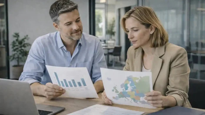 prodoljitelnost-trudovoi-zhizni-italia-evropa Продолжительность трудовой жизни в Италии и сравнение с Европой сцена про рынок труда в Италии: работающий человек, календарь стажа, нейтральный офисный фон, акцент на сравнении с Европой