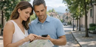 Как изменение климата влияет на туризм и цены на жилье в Италии: где дорожает, где риски и где еще есть шанс купить выгодно Климат и туризм в Италии влияют на цены на жилье Летний день в Италии: на переднем плане пара рассматривает карту с горными и городскими направлениями, на заднем плане мягкий силуэт Альп и городской квартал, настроение спокойное, выбор локации для жизни и инвестиций