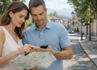 Как изменение климата влияет на туризм и цены на жилье в Италии: где дорожает, где риски и где еще есть шанс купить выгодно Климат и туризм в Италии влияют на цены на жилье Летний день в Италии: на переднем плане пара рассматривает карту с горными и городскими направлениями, на заднем плане мягкий силуэт Альп и городской квартал, настроение спокойное, выбор локации для жизни и инвестиций