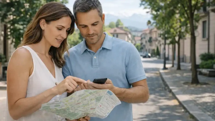 Климат и туризм в Италии влияют на цены на жилье Летний день в Италии: на переднем плане пара рассматривает карту с горными и городскими направлениями, на заднем плане мягкий силуэт Альп и городской квартал, настроение спокойное, выбор локации для жизни и инвестиций